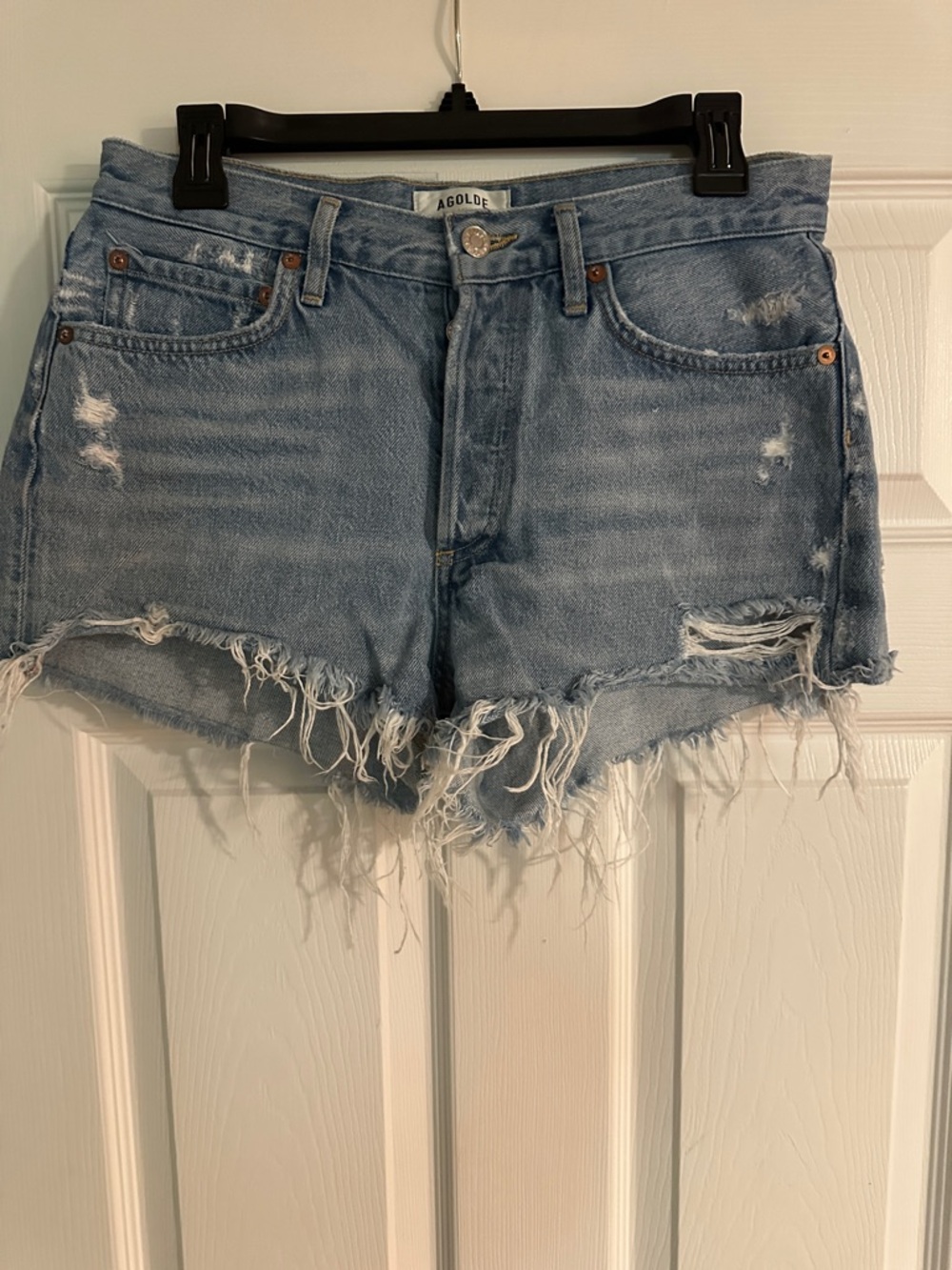 Agolde Light Wash Frayed Hem Distressed Denim Shorts